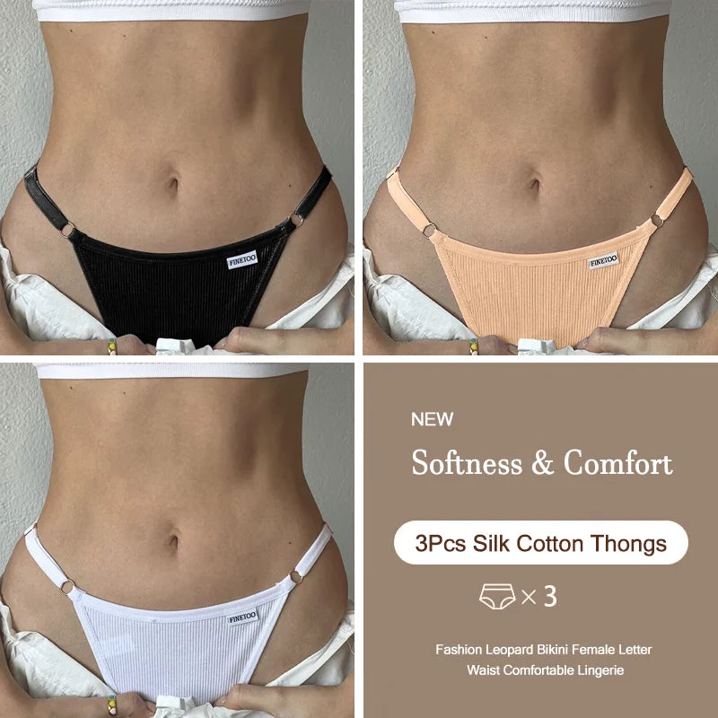 3PCS Women's Panties Cotton Thongs Adjustable Waist Sexy G-String Solid Color Seamless Intimate Female Underpants Lingerie S-XL