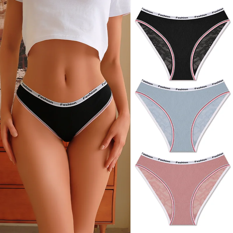 3Pcs/Set Women's Cotton Lace Panties V-Waist Sexy Sport Low Waist Briefs S-XL Comfortable Underwear Female Soft Color Underpants