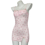 Floral Print Balck Nightdress Women's Cute Fitted Mini Nightgown Lace Trim Detail Spaghetti Straps Summer Pajamas Sleepwear