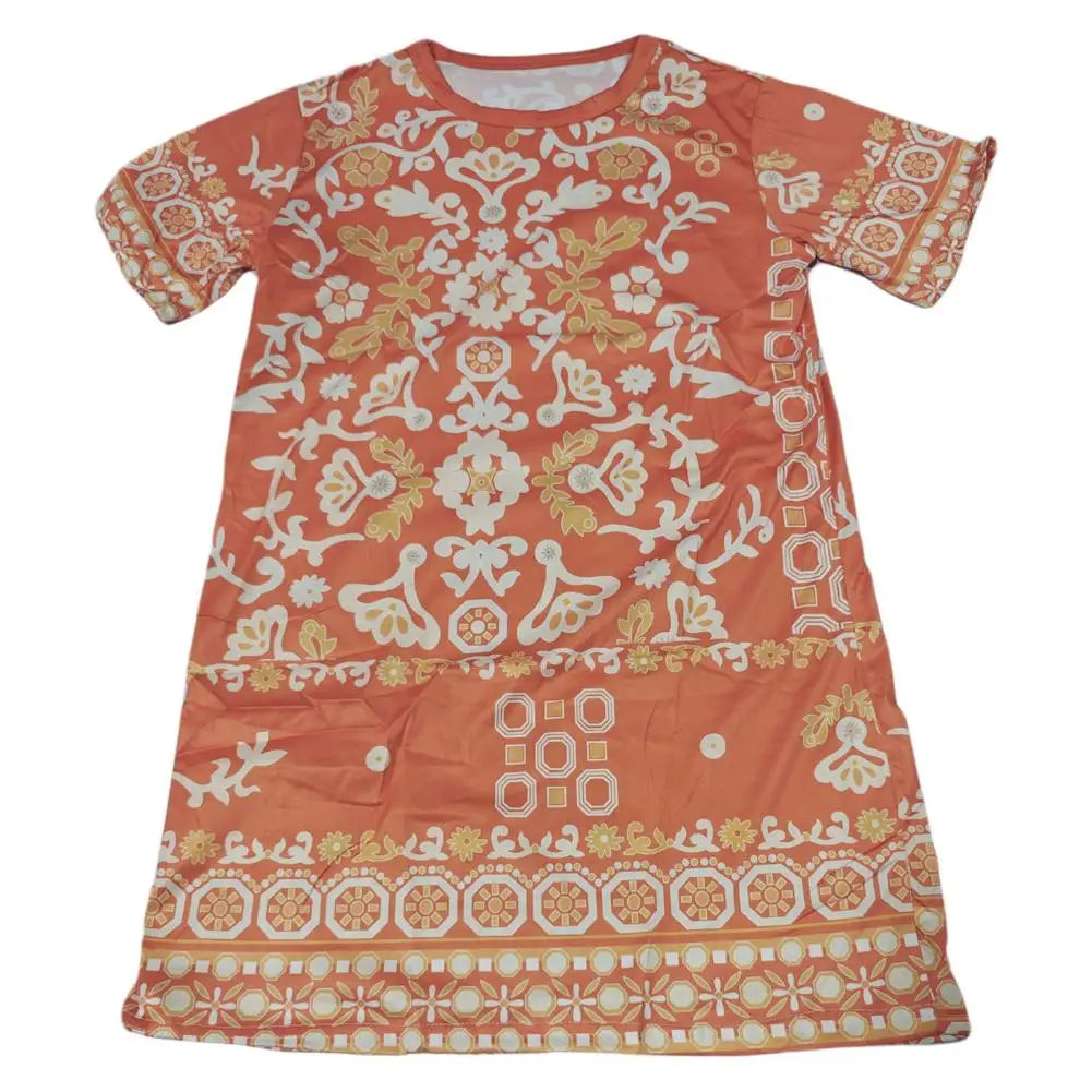 Summer Women Dress Half Sleeves Round Neck Retro Print A-line Big Hem Knee Length Loose Casual Daily Wear Vacation Midi Dress