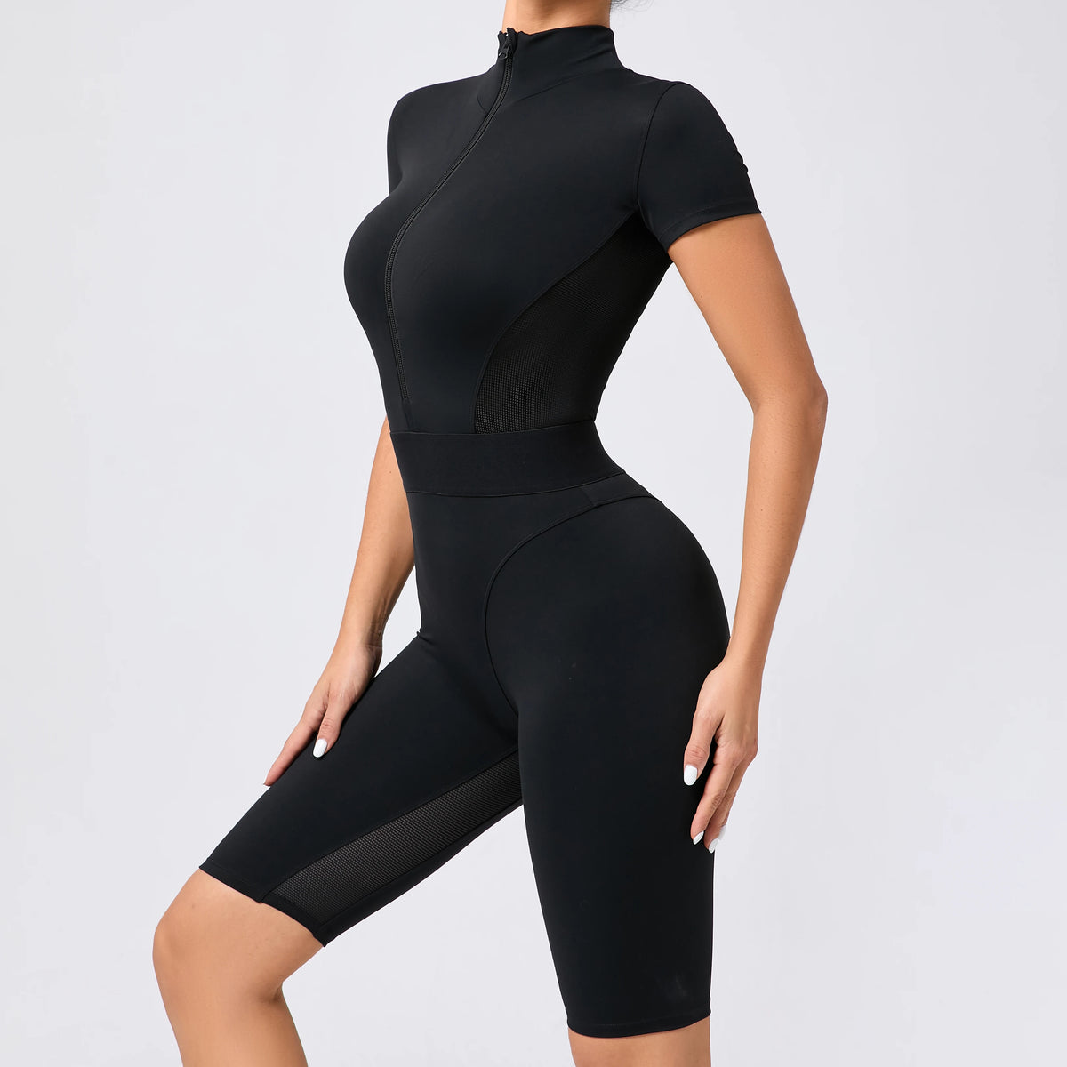 Women's One-Piece Suit Zipper Short Sleeve Gym Push Up Workout Clothes Fitness Short Bodysuit Sportswear Jumpsuits