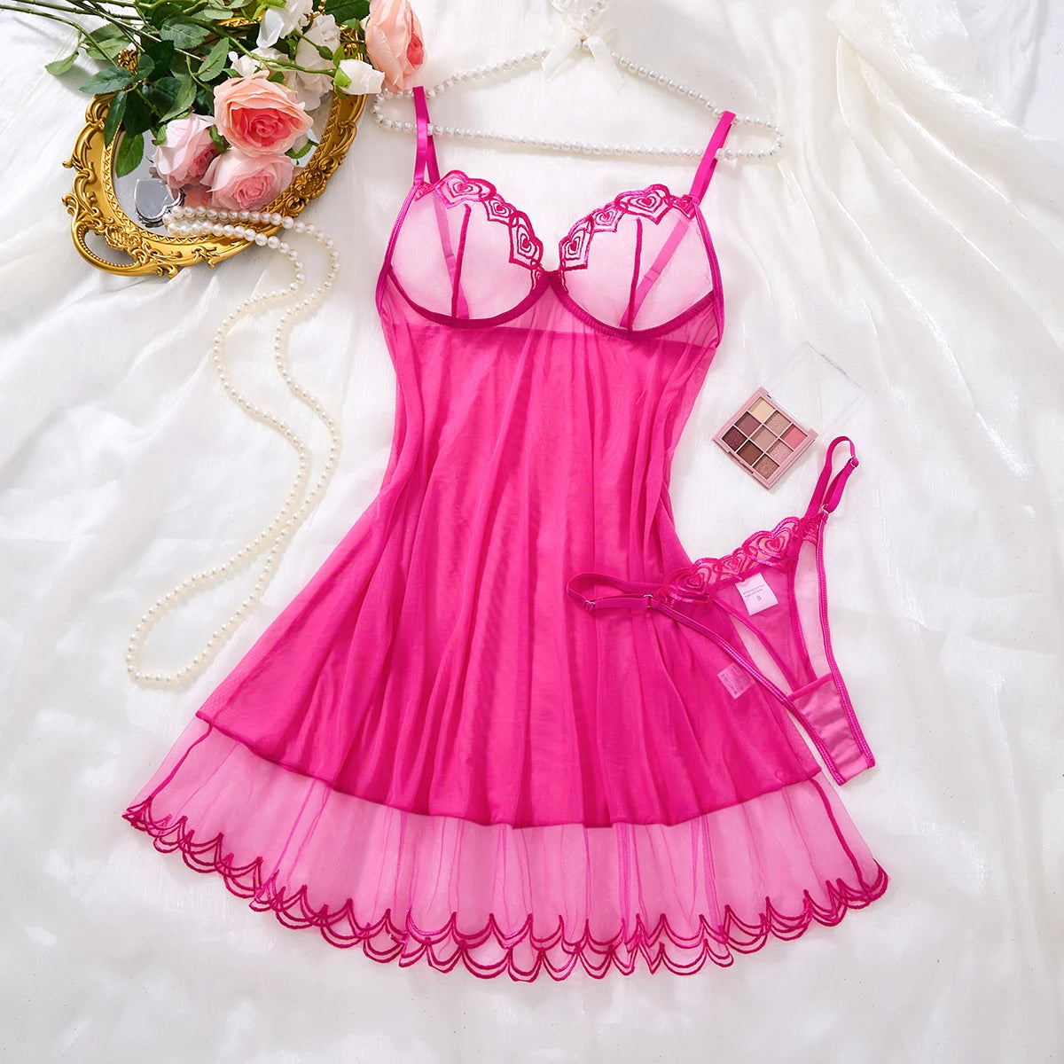 Sweetheart Limited Edition Pink Hearted Sleeping Dress Set-Lightweight sheer embroidered halter dress for sex home wear ZA825181