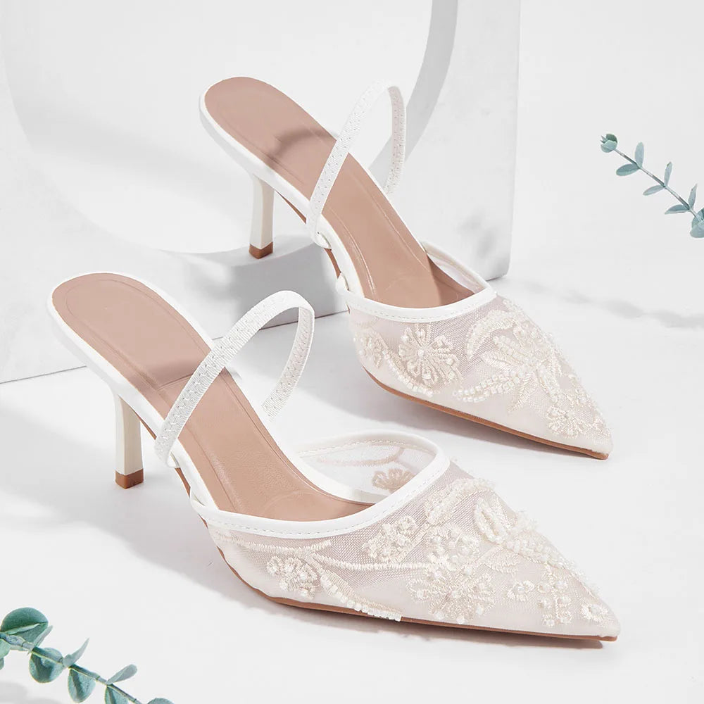 Nude 2 ways to wear Slingback Sandals Mules Big Size 42 Black Pointy Toe Mesh Embroidery Beading Thin High Heels Shoes Women