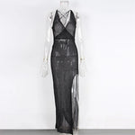 S - XL V Neck Slit Long Dress Sexy Mesh Backless Knitted Crochet Tunic Beach Cover Up Cover-ups Beach Dress Beachwear V3767B