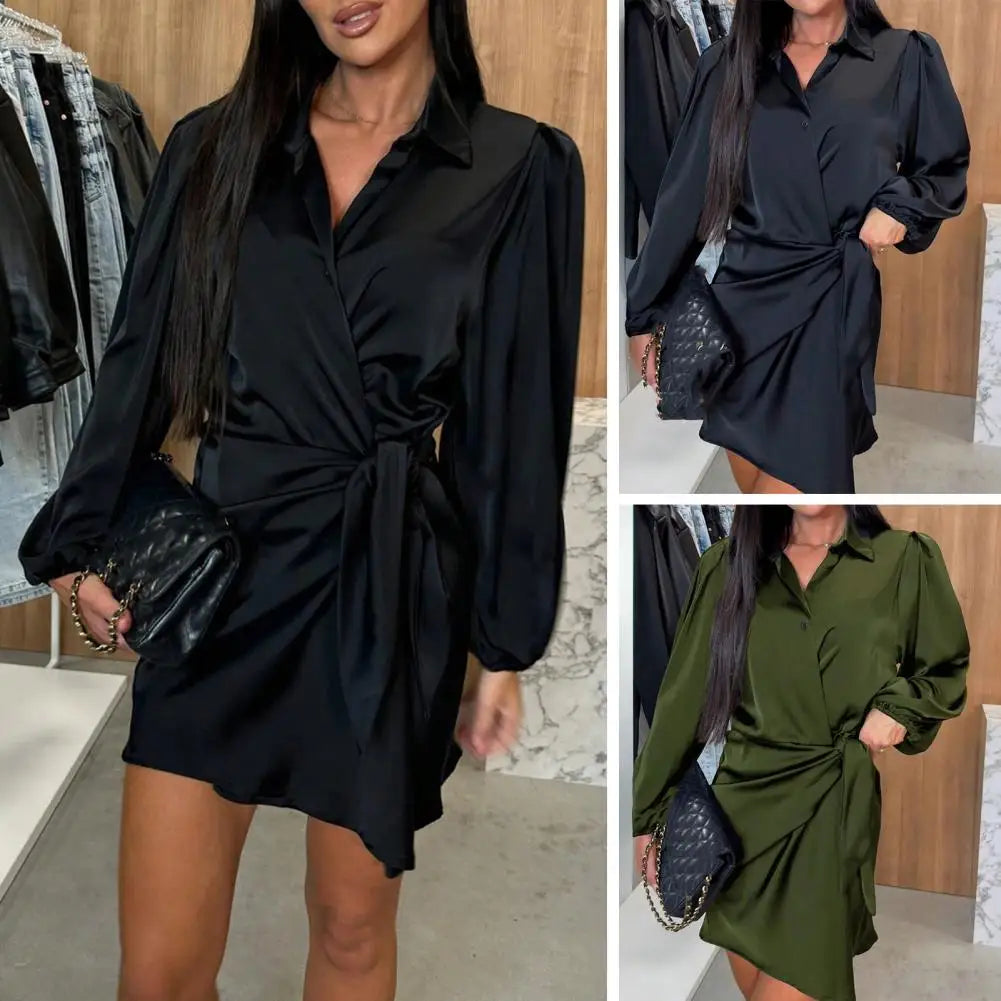 Party Club Short Dress Women's Satin Shirt Dress V Neck Long Sleeve Wrap Dresses Casual Tie Waist Mini Dress