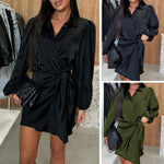 Party Club Short Dress Women's Satin Shirt Dress V Neck Long Sleeve Wrap Dresses Casual Tie Waist Mini Dress
