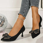 Elegant Crystal Bowknot Pumps Women 2025 Soft Faux Suede Heel Pumps Woman Fashion Pointed Toe Party High Heels Shoes Female