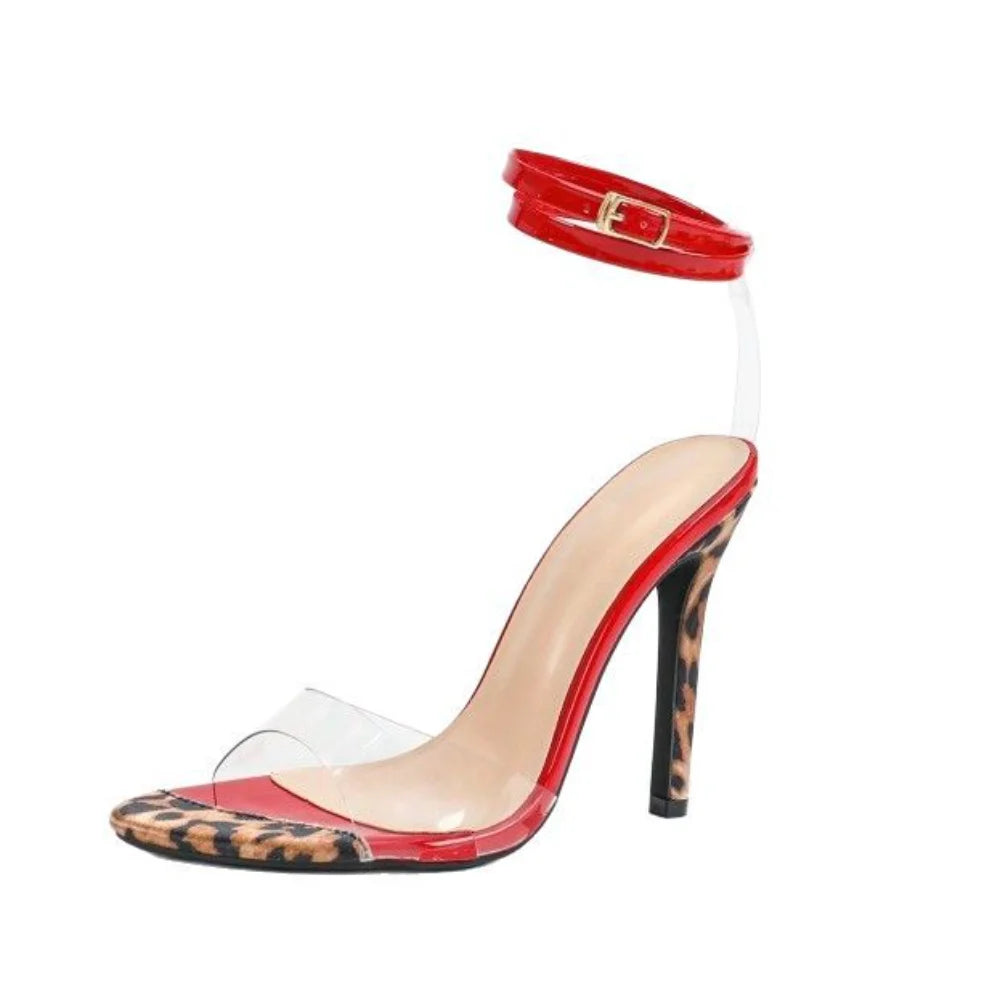 Women's Butterfly Decorated Rhinestone Cross-back Platform Toe-up Chunky Heel Sandals, Red Leopard Print