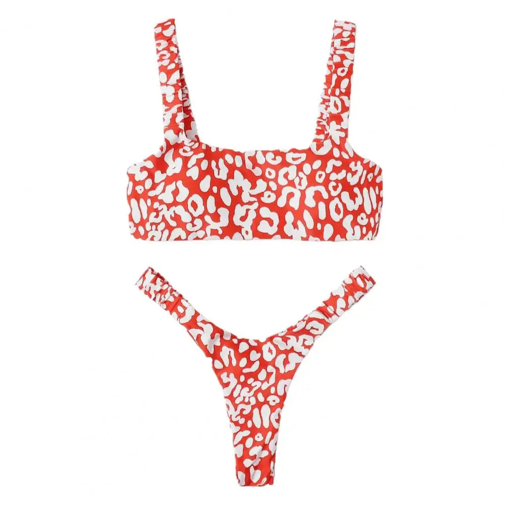 2 Pcs/Set Lady Swimwear Set Leopard Print Quick Dry Women Bathing Suit Slim Fit Wireless Summer Bikini Set For Beach
