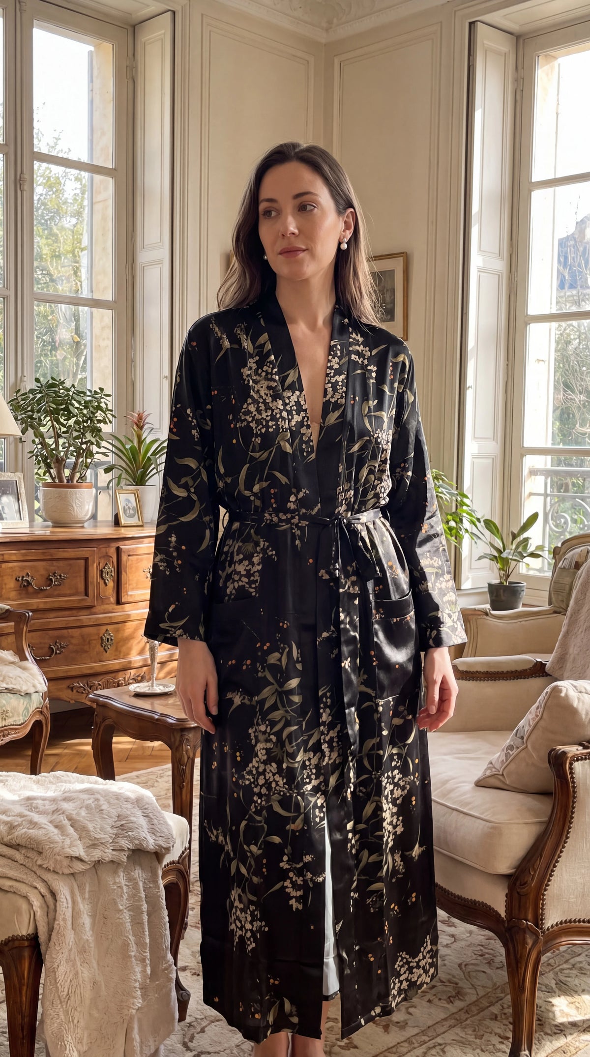 Plus Size Fashion Casual Loose Print Pajamas Women's Long Simulated Silk Sexy Sleepwear with Pockets Oversized Robe