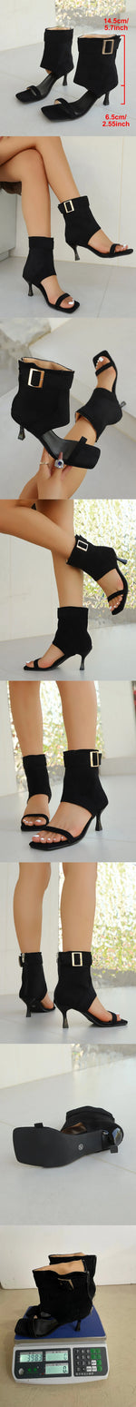 Vintage Black Brown Faux Suede Cutout Ankle Boot Sandals Sexy Back Zipper High Heels Sandals Party Dating Shoes Size 42