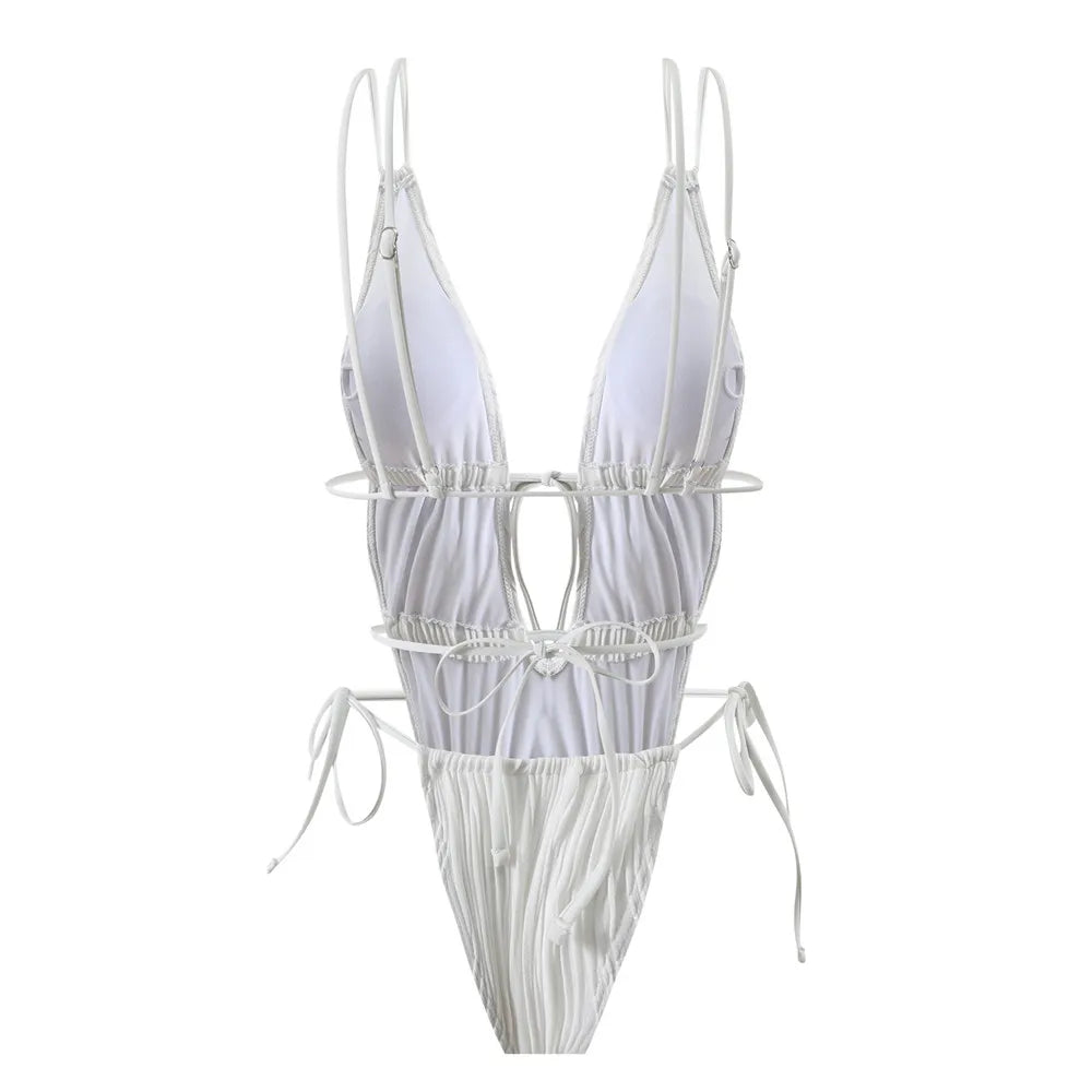 Sexy Backless One Piece Swimsuit Woman 2026 String Texture Swimwear Hollow Out Monokini High Cut Bathing Suit Deep V Neck Bather