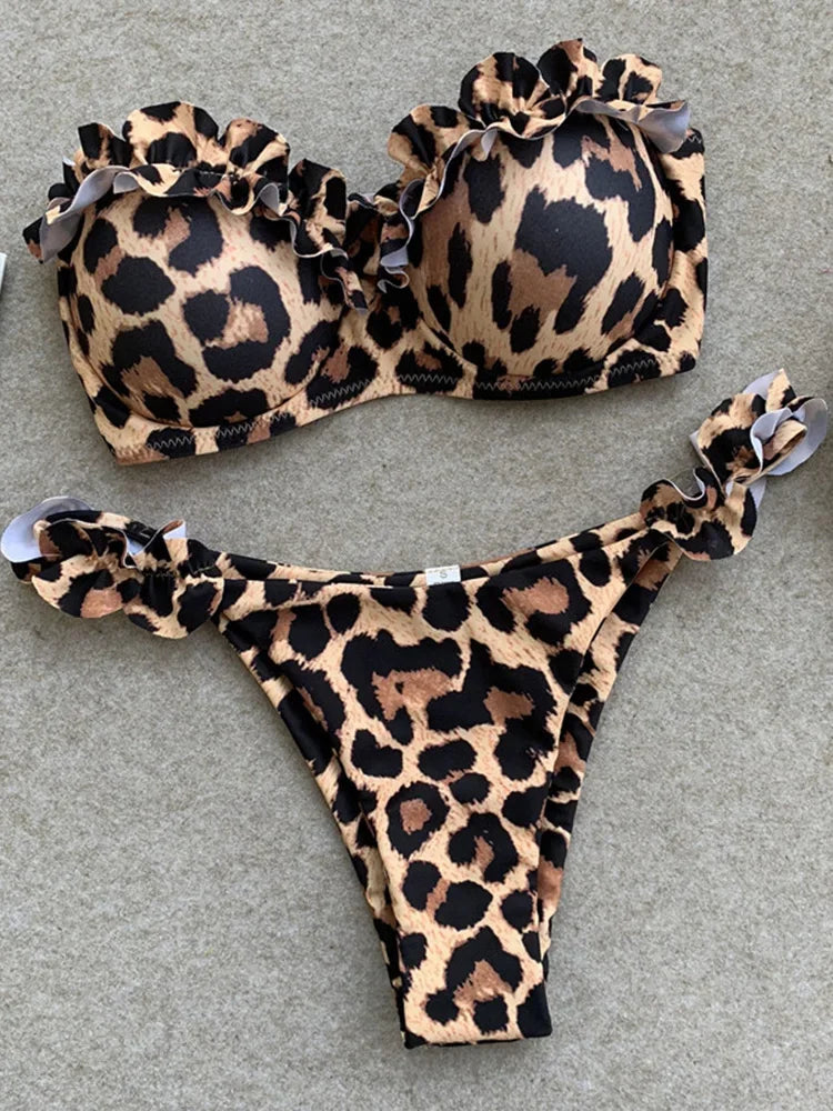 Leopard Ruffled Bra Cup Bikini 2025 Women Bandeau Swimsuit Female Swimwear Two Pieces Bikini Set Push Up Bathing Suit Swim Lady