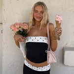 FDYOUI Women's Summer Polka Dot Patchwork Black Corset Sexy Off Shoulder Slim Crop Tops Streetwear Y2K Girls Backless Tank Top