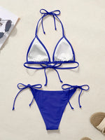 Women Bikini Set Solid Color Triangle Halter Neck Tie Side Two Piece Swimsuit Adjustable String Swimwear for Beach Vacation