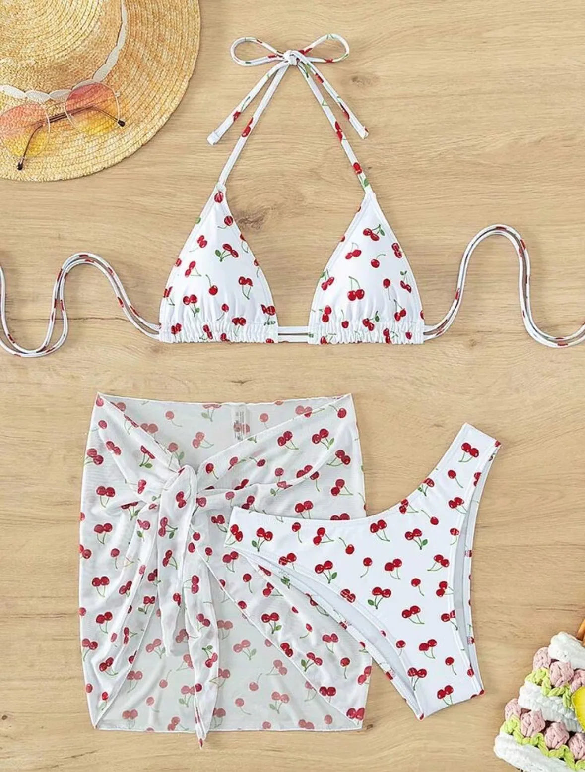 Women French Chic Cherry Print Bikini Sets Three Pieces with Mesh Skirt Swimsuit Swimwear Bathing Suit Beach Outfits Biquini