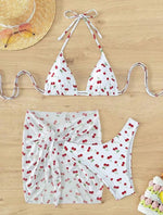 Women French Chic Cherry Print Bikini Sets Three Pieces with Mesh Skirt Swimsuit Swimwear Bathing Suit Beach Outfits Biquini