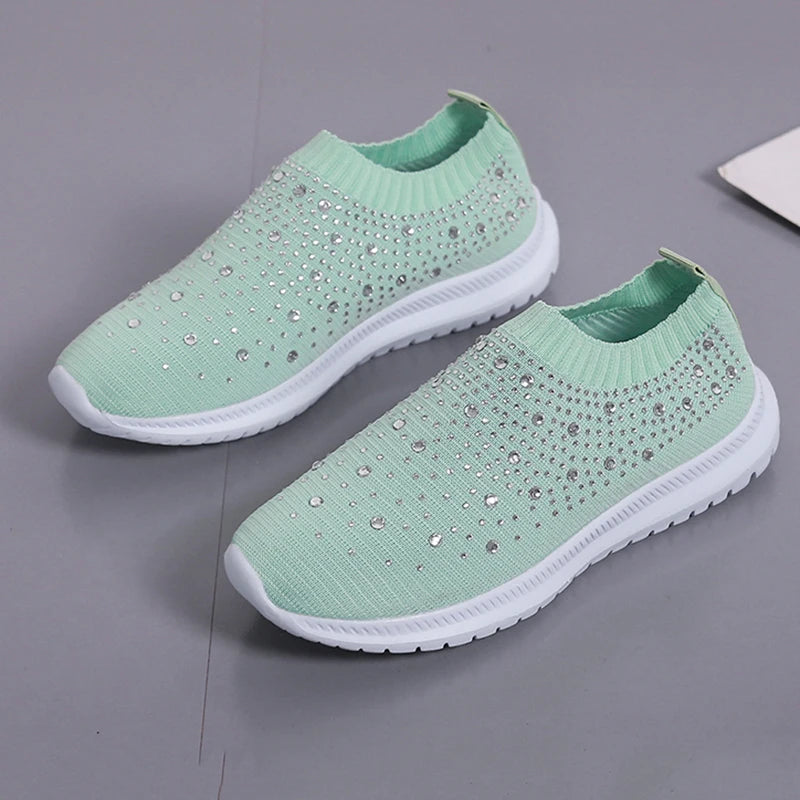 Women's Slip-On Crystal Sneakers 2025 Breathable Mesh Plus Size 35-43 Casual Flats Women Comfort Soft Sole Running Walking Shoes
