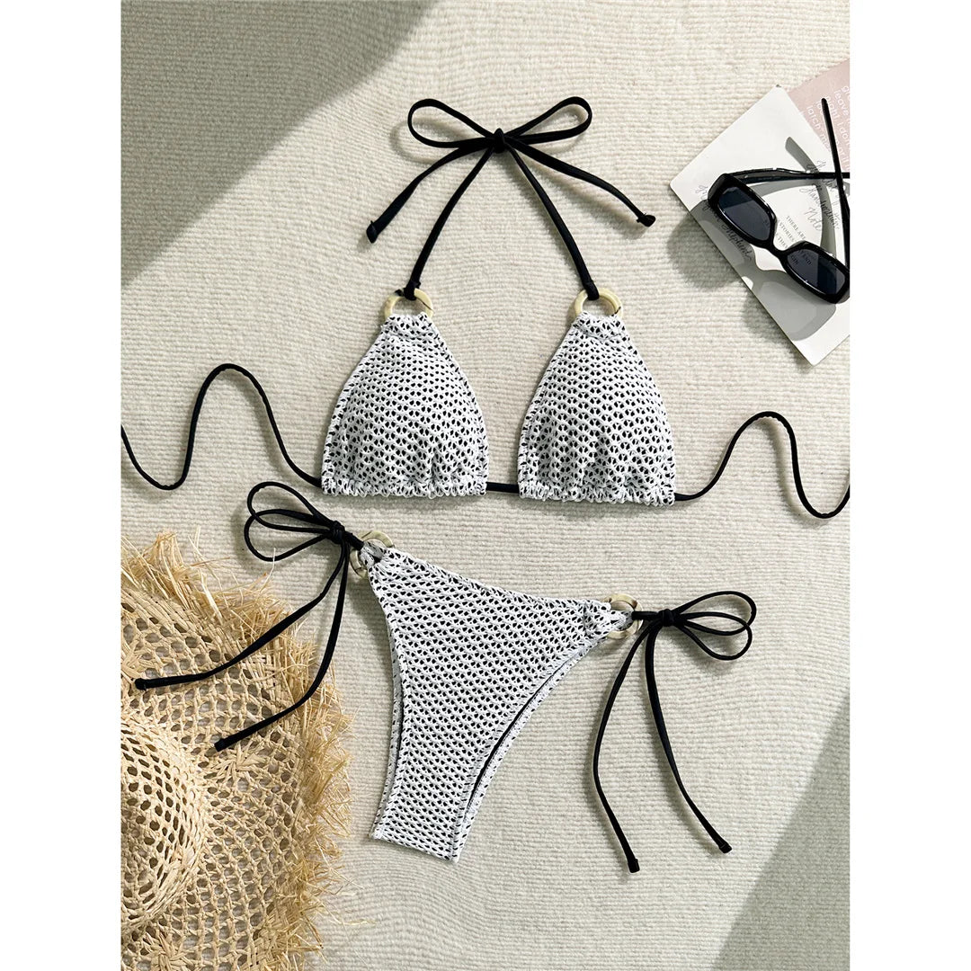 Wrinkled Halter Two-Pieces Bikini Set Bikini Female Swimsuit Women Swimwear Strappy High Cut Leg Bathing Suit Bather Swim V7043