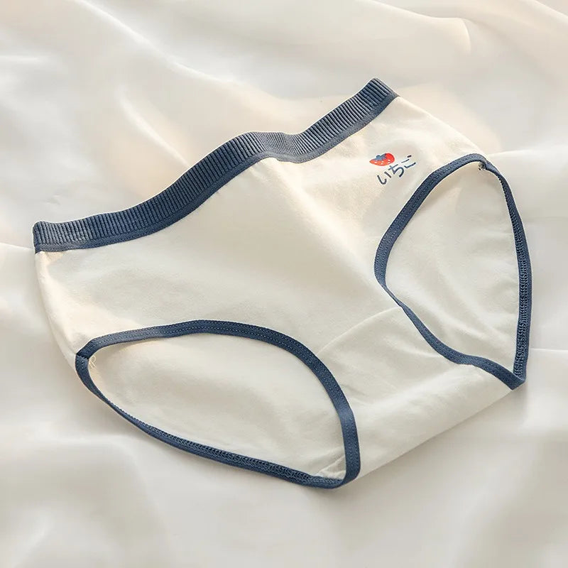 1-Pack Cute Strawberry Print Cotton Panties Sweet Striped Accents Women Low-Rise Underwear Breathable Soft Lingerie M-XL