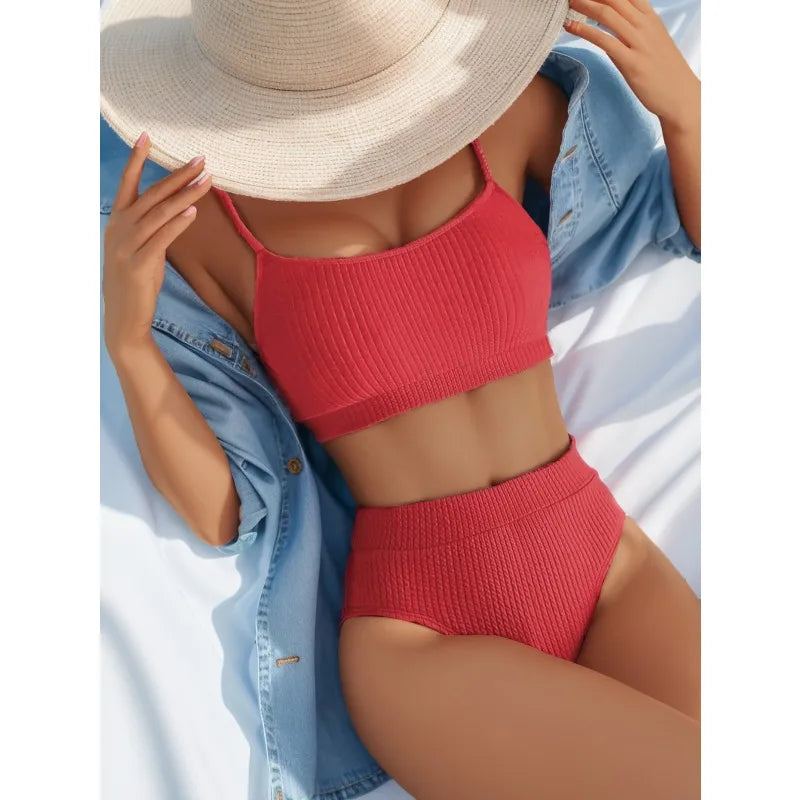 New Spiral Pit Strip U-Shaped High-Waisted Bikini Sexy Swimsuit Swimsuit Women Lightweight Fashion Classic Versatile Simple
