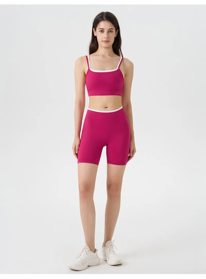 Women's 2-piece Yoga Set Fake Two-Piece Color-Block White Stripe Camisole Running Sports Bra Shorts Yoga Outfit Set