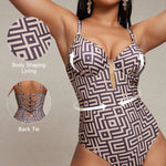 Sexy Coffee Geometry Print One Piece Swimsuit 2026 Women Underwire Push Up Bandage Back Cross Slim Fit Bathing Suit Swimwear