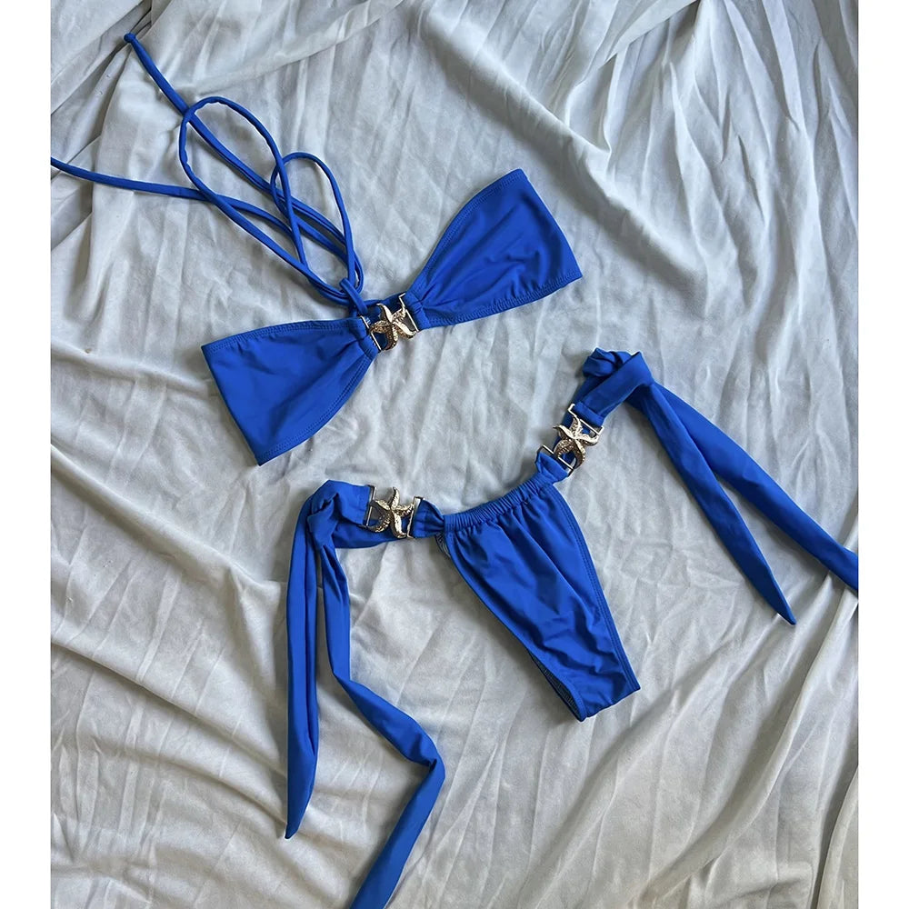 Push Up Bikinis Women Swimsuits 2025 Swimwear Sexy Starfish Bikini Set Thong Brazilian Biquini Bathing Suit Solid Beachwear