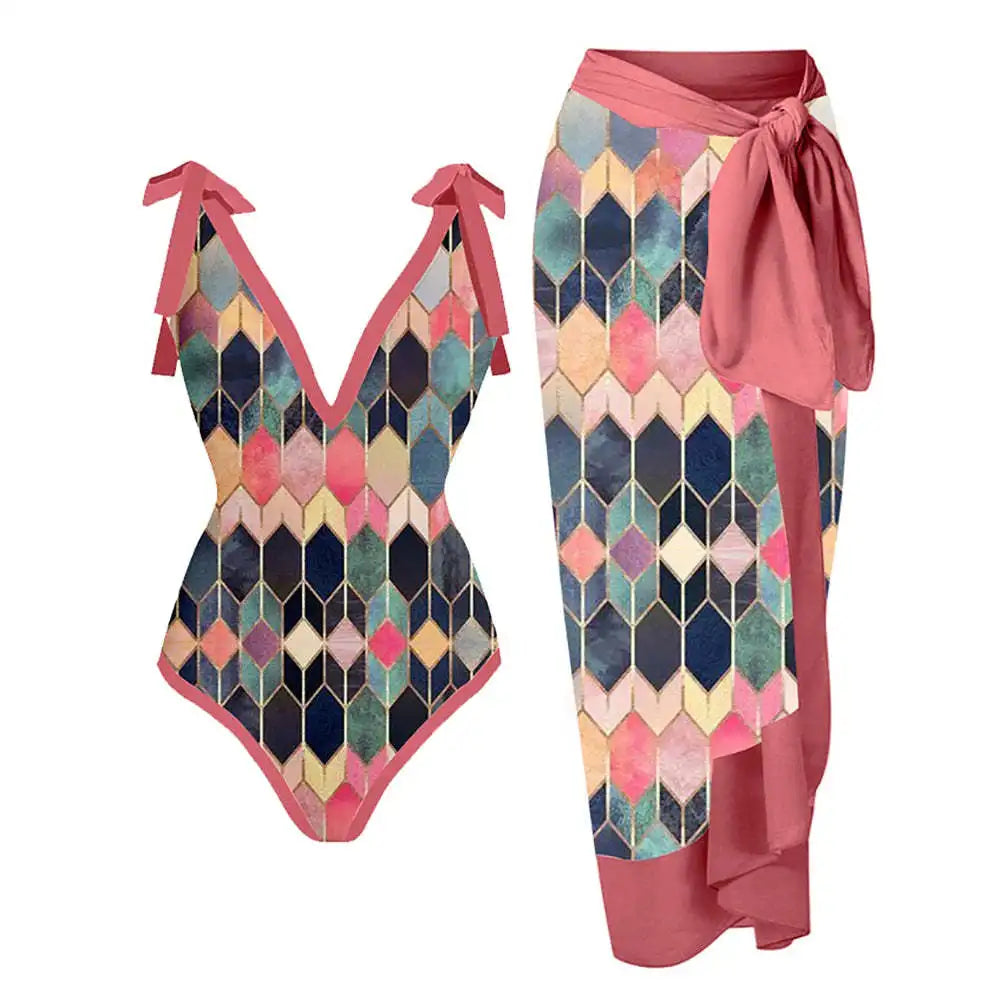 2 Pieces Retro Printed Swimsuit With Cover Up Sexy Women Swimwear 2025 V Neck Bikinis Female Biquini 3XL Bodysuit Beachwear