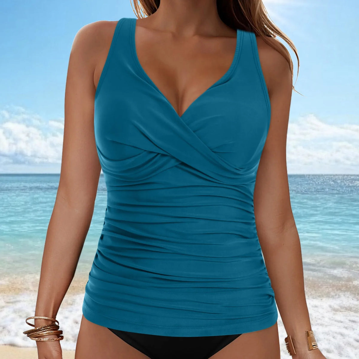 Women's Removable Padded Tankini Top V Neck Waist Defining Ruffled Separate Swimsuit Top Ruched Support Bathing Suit Swim Top