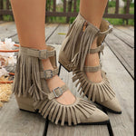 Women's Vintage Fringe Summer Ankle Boots Bohemian Buckle Straps Pointed Toe Ethnic Tassel Hollow Out Western Cowgirls Shoes