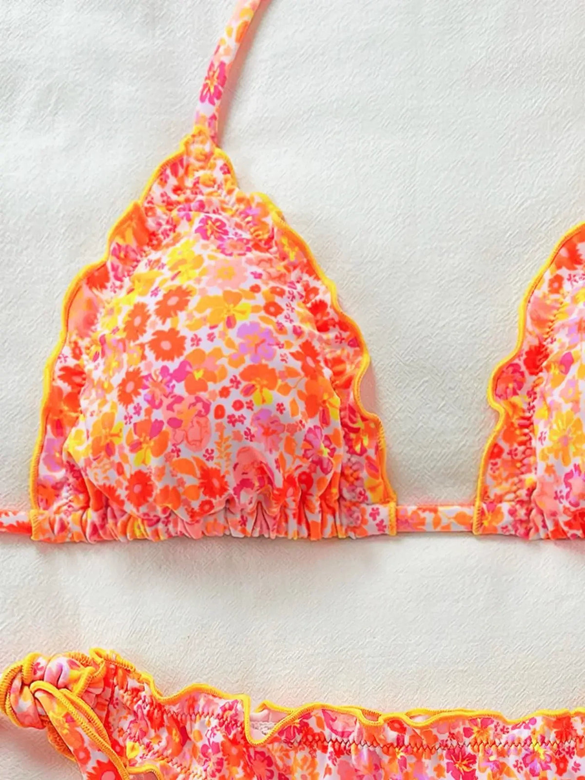 Women Cute Bikini Set 2025 New Summer Orange Floral Print Halter Ruffles Push Up Tie Side Thong Swimsuit Bathing Suit