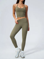 Women Tracksuit 2PCS Seamless Yoga Sets Hanging V Neck Slim Sports Tank Top Fitness Outfits Gym Running High Waist Leggings Suit