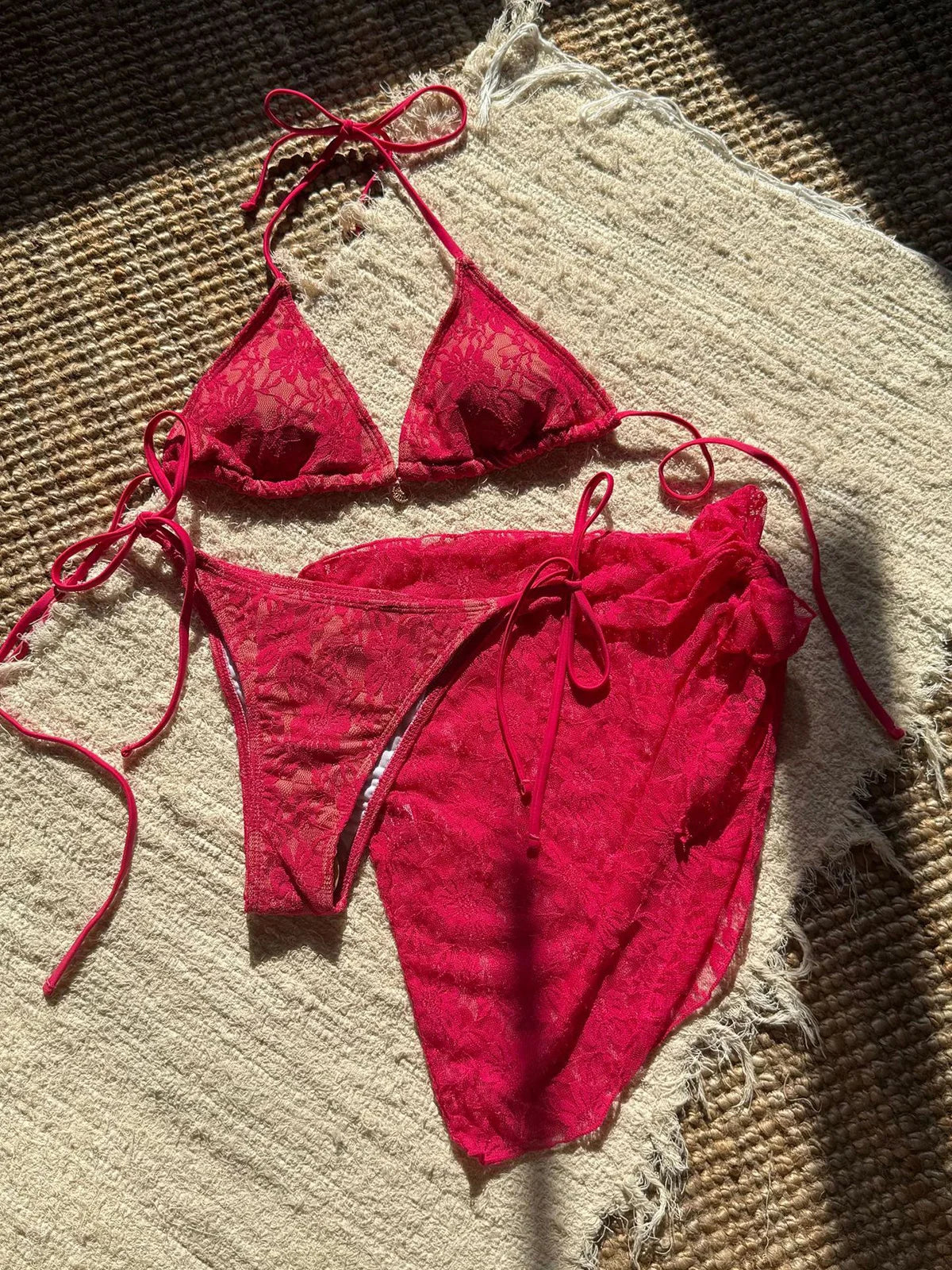 Mesh Sarong Lace Halter High Cut Bikini Female Swimsuit Women Swimwear Three-Pieces Bikini Set Bather Bathing Suit Swim V6284