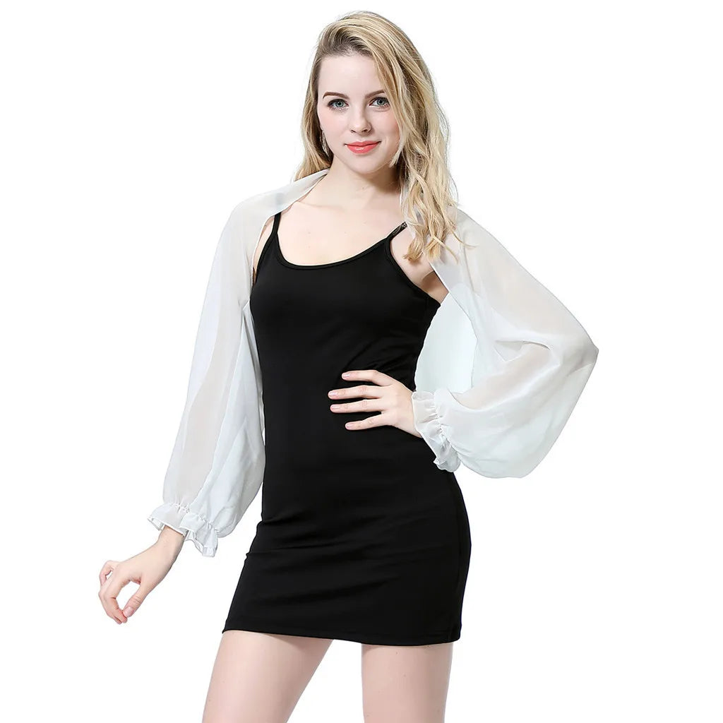 Women's Chiffon Puff Sleeve Cropped Shrug Sheer Open Front Bolero Cardigan Party Wedding Top Summer Beach Cover Ups Arm Sleeves