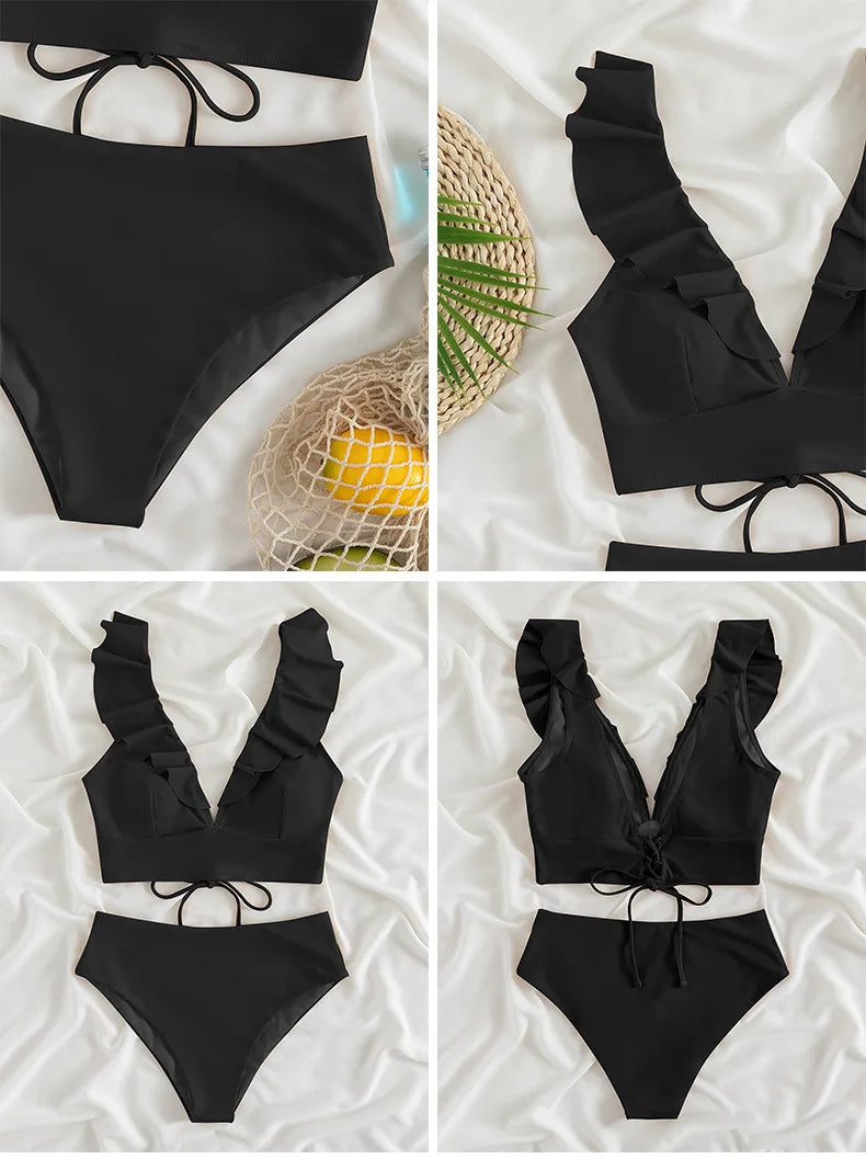 Solid Color Sexy V-neck Ruffle Bikini 2026 Women 2 Piece Swimwear Push Up Padded High Waist Swimsuit Summer Beach Bathing Suit