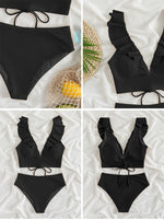 Solid Color Sexy V-neck Ruffle Bikini 2026 Women 2 Piece Swimwear Push Up Padded High Waist Swimsuit Summer Beach Bathing Suit