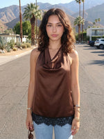 Women's Elegant Satin Tops Lace Trim Open Back Halter Low Cut Vest for Party Daily Casual Loose Fit Sleeveless Blouse