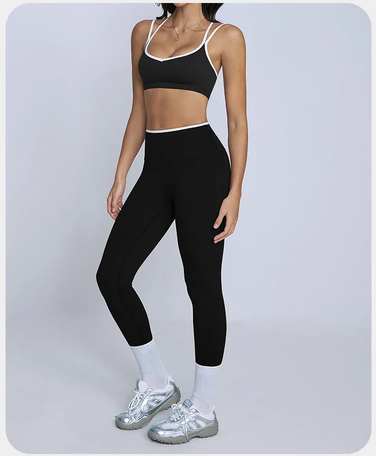 Tight Naked Yoga Shorts Suit Women Double Strap Sports Bra High Waist Flare Leggings Fitness Suit Gym Running Workout Clothes