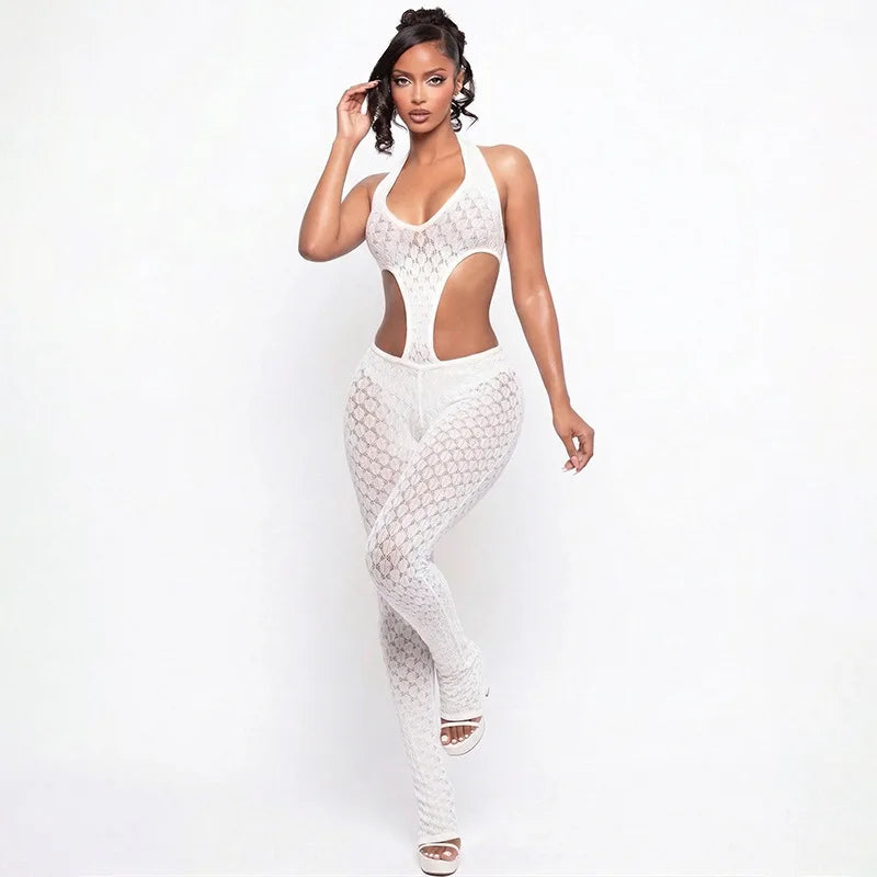 Sexy hot girl solid color see-through slim fit knitted deep V jumpsuit