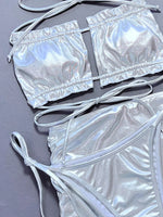 Silvery Shiny 3 Piece Swimsuit for Women,2026 New High Waist Skirt Bikini,sexy Strapless Hollow Out Backless Ruffle Bathing Suit