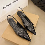 SUOJIALUN Autumn New Women Sandal Fashion Pointed Toe Pleated Ladies Elegant Dress Slingback Shoes Shallow Thin High Heel Pumps