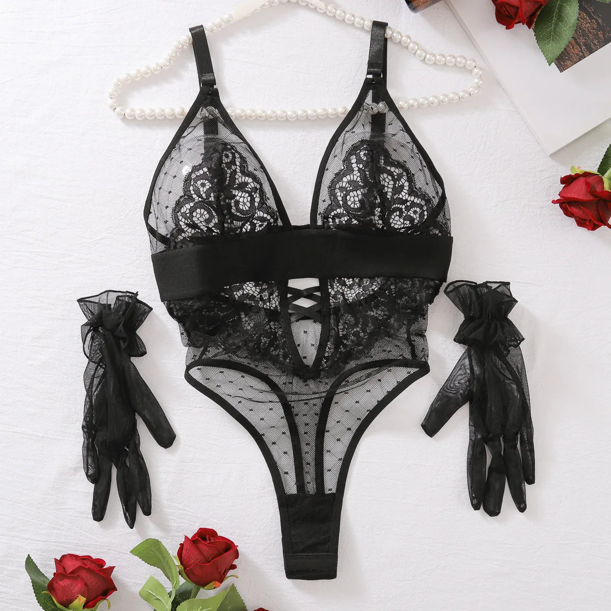 Sexy Bodysuits Polka Dot Mesh Flower Embroidery Lace Glove Backless Deep V Suspenders Sleeveless Bodysuits Charming Casual LE4A