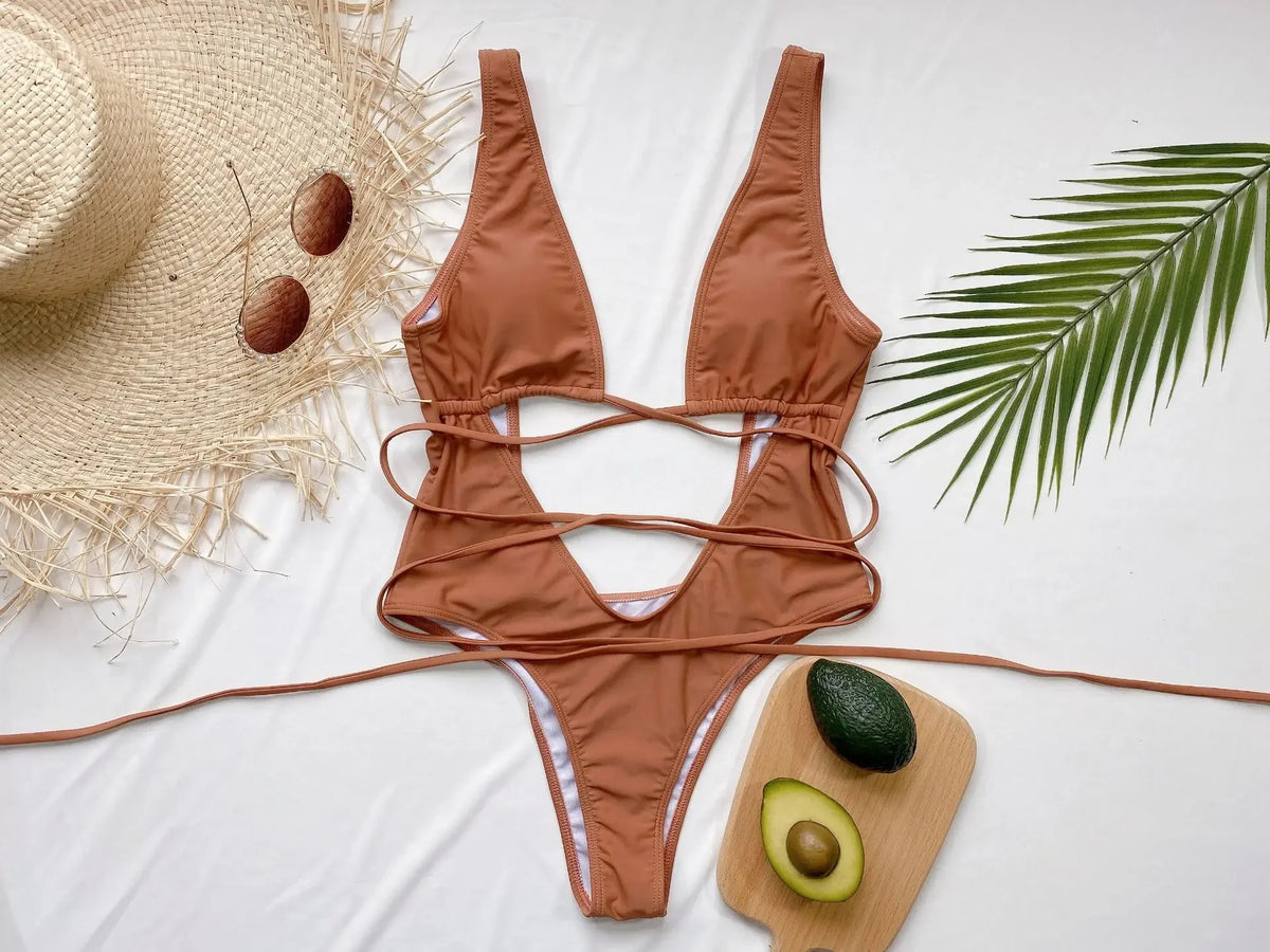 Leopard Deep V Neck Wrap Around High Cut Women Swimwear One Piece Swimsuit Female Monikini Tummy Cut Out Bathing Suit Swim Lady