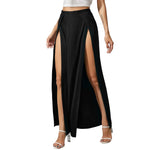Women's Elastic High Waist Skirts Solid Color Side High Split Loose FitLong Skirts Beachwear