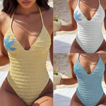 Sexy Holiday Swimwear Women 2026 Blue Sequin Starfish V Neck Hollow Out Backless Tummy Control Bathing Suit One Piece Swimsuit
