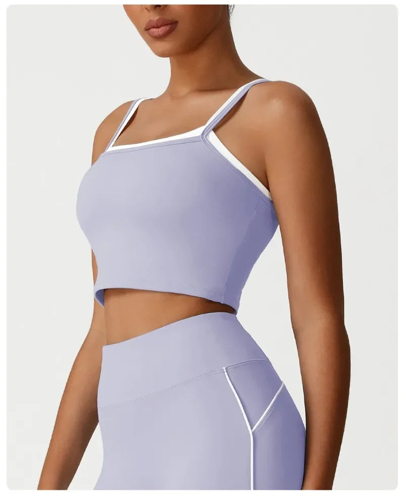 Women's Seamless Yoga Vest - Fake Two-Piece with Backless Removable Padded Sports Bra Stretchy Running Fitness Tank Top