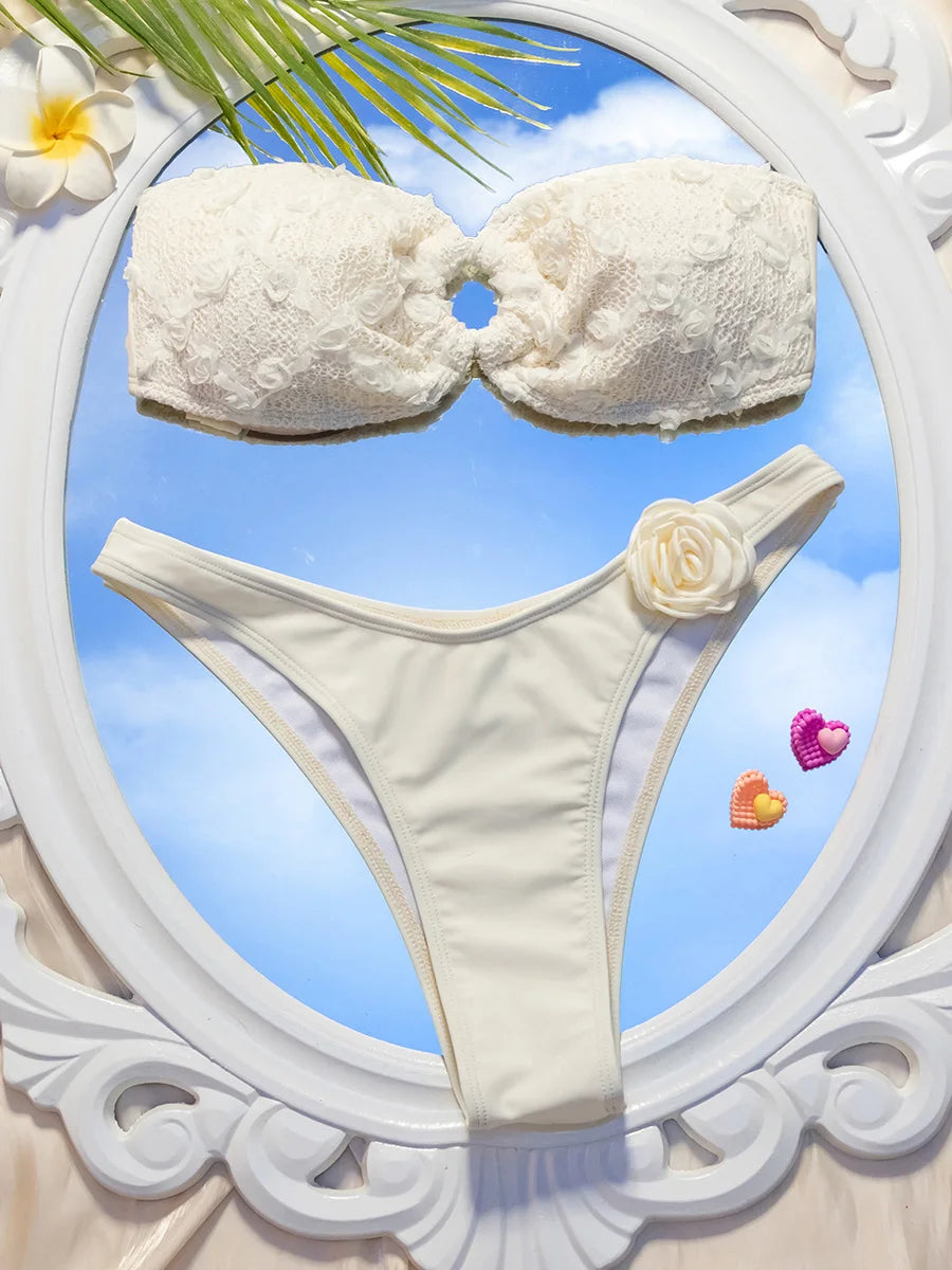 3D Flowers High Leg Cut Bandeau Bikini Women Swimsuit Female Swimwear Two-pieces Bikini Set Bather Bathing Suit Swim Beachwear