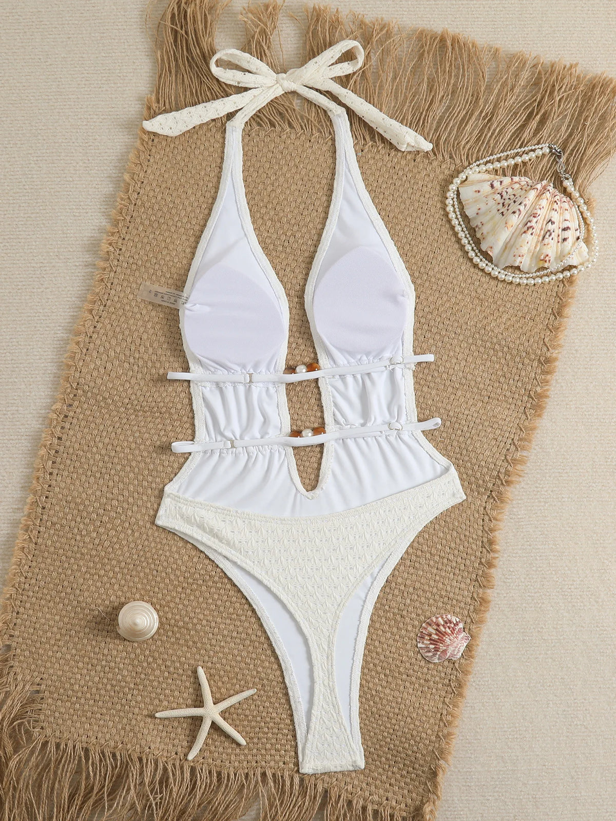 New White Pearls V Neck One Piece Swimwear Women 2026 Hollow Out Bandage Backless Swimsuit Summer Holiday Bathing Suit Monokini