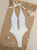 New White Pearls V Neck One Piece Swimwear Women 2026 Hollow Out Bandage Backless Swimsuit Summer Holiday Bathing Suit Monokini